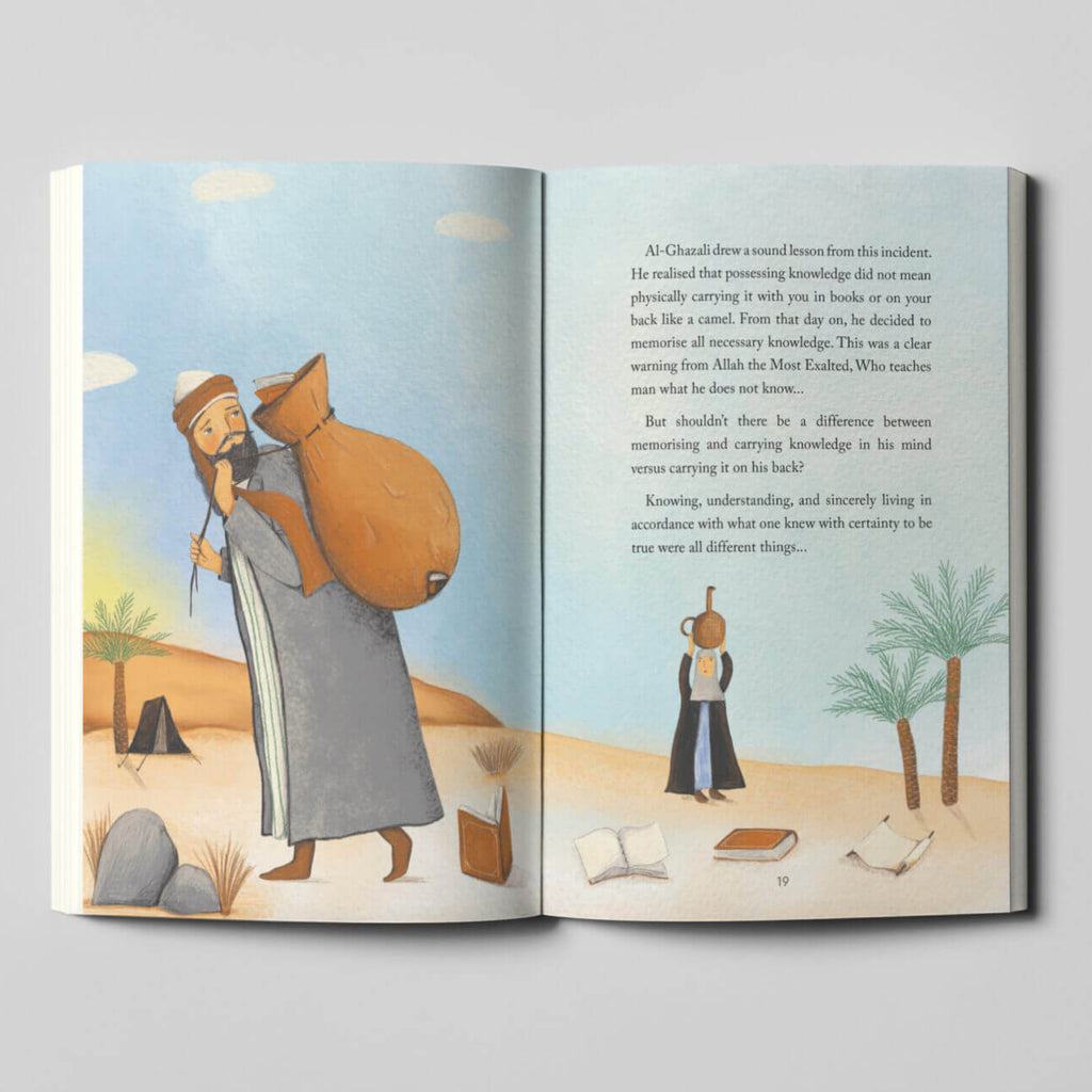 Open book with illustrated pages of a man in a desert setting