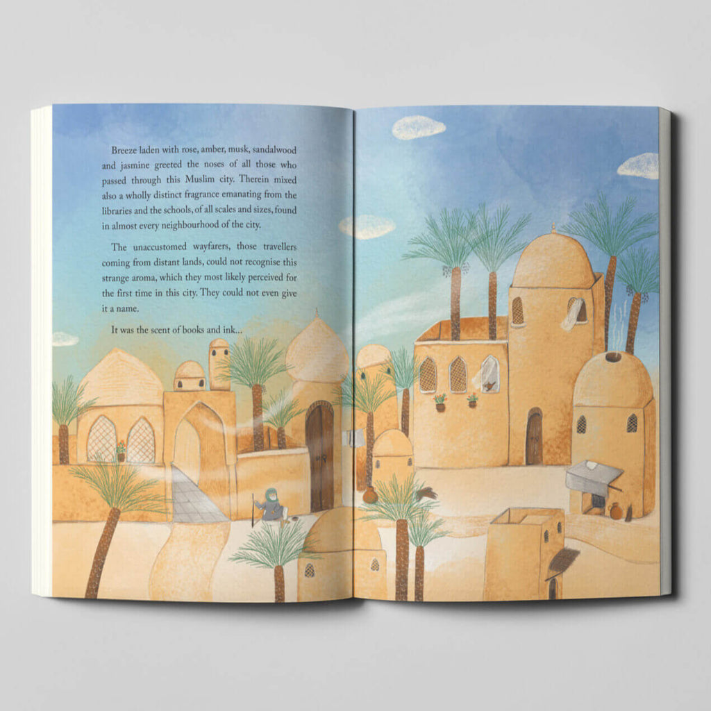 Open book with illustrations of a desert scene on a gray background