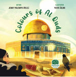 Book cover of 'Colours of Al Quds' with a illustration of a dome and children eating.