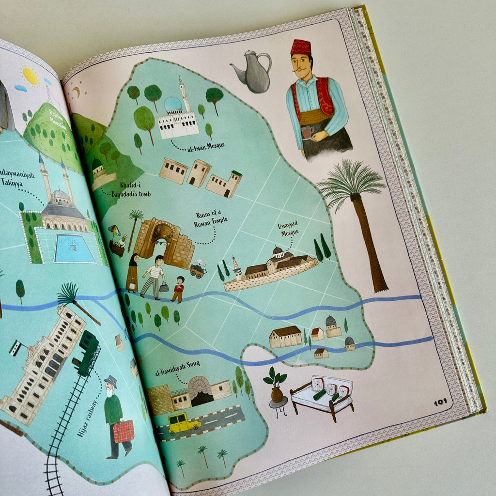 Illustrated map from a children's book with various landmarks and characters on a light background