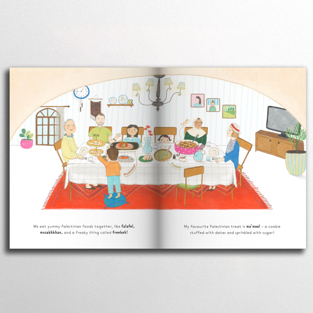 Illustrated book open to a page showing a family dinner scene with a grandfather, grandmother, and children.