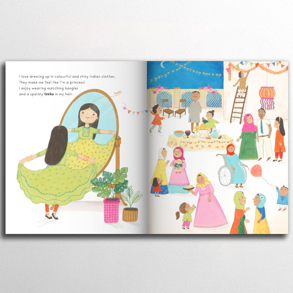 Illustrated book open to two pages showing a woman in a green dress and a festive scene with people.