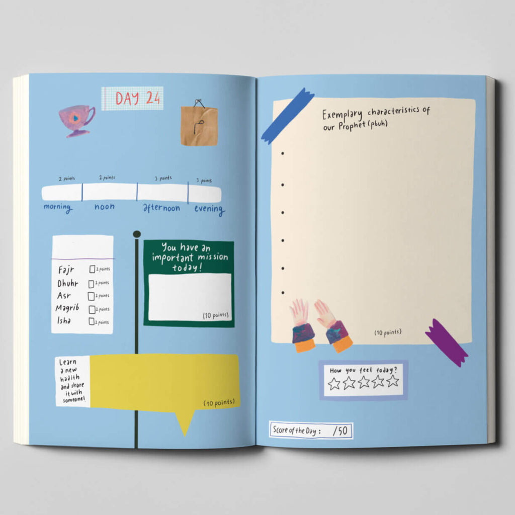 Open planner book with various sections on a gray background