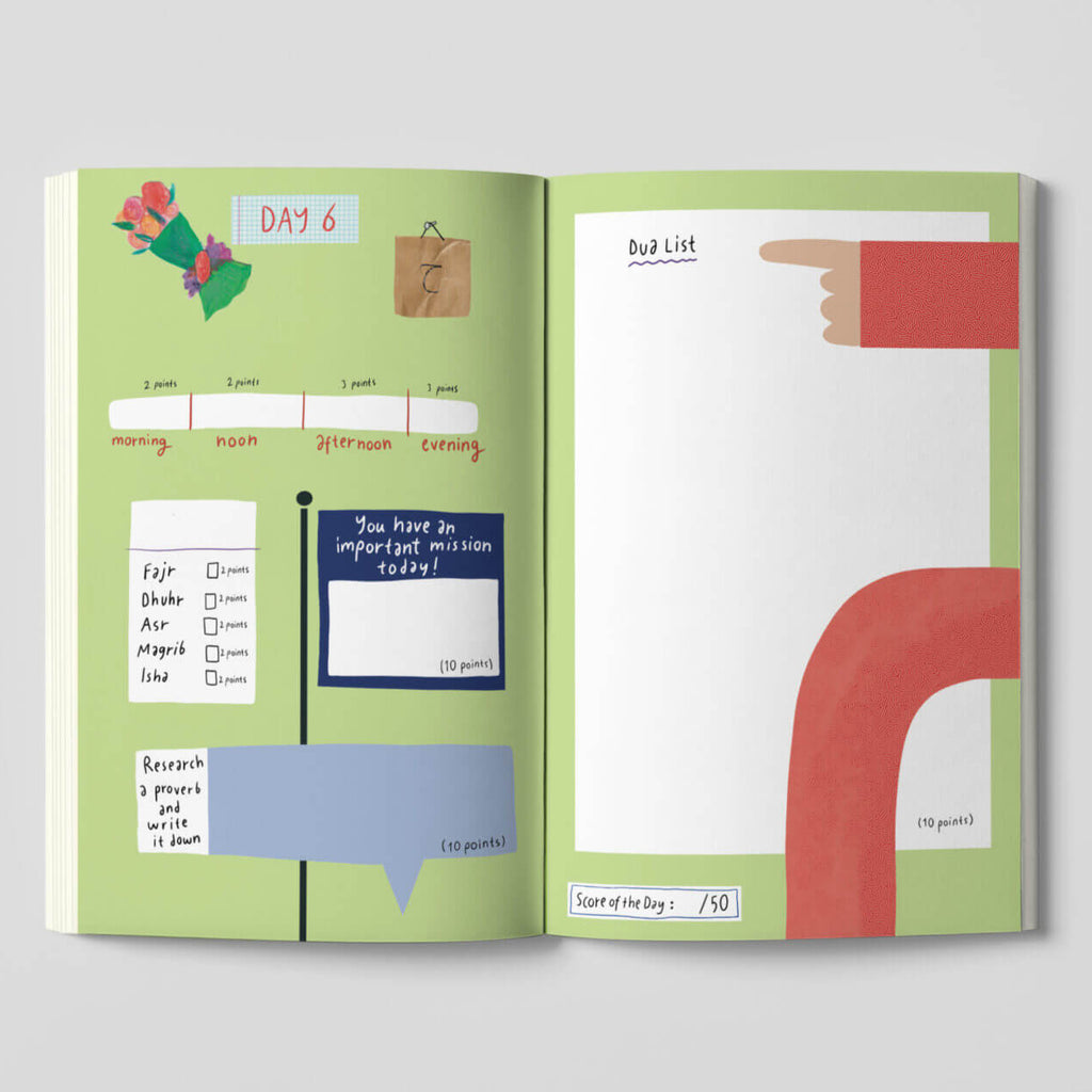 Open planner with colorful pages on a white background