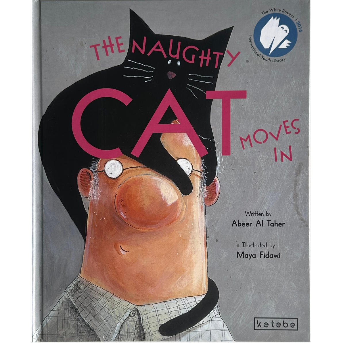 Book cover of 'The Naughty Cat Moves In' with a cartoon cat on a man's head.