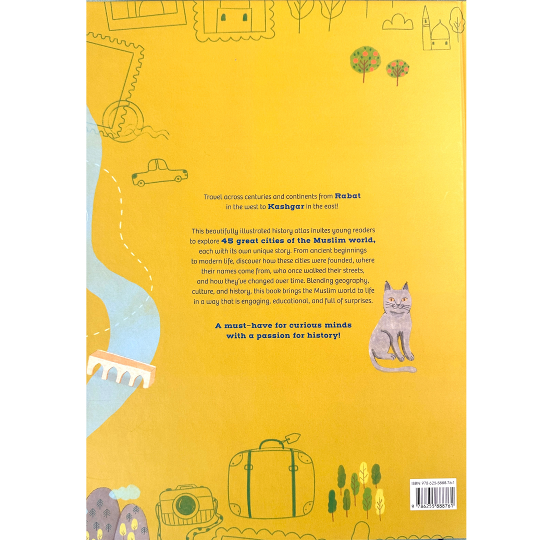 Book back cover with travel-themed illustrations and text on a yellow background