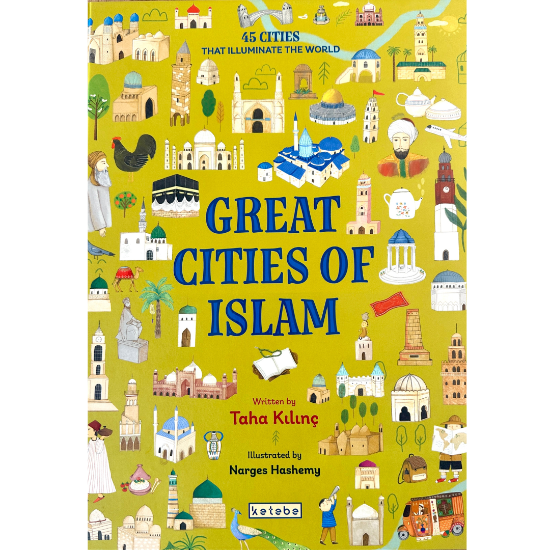 Book cover of 'Great Cities of Islam' with illustrations of various landmarks on a yellow background.