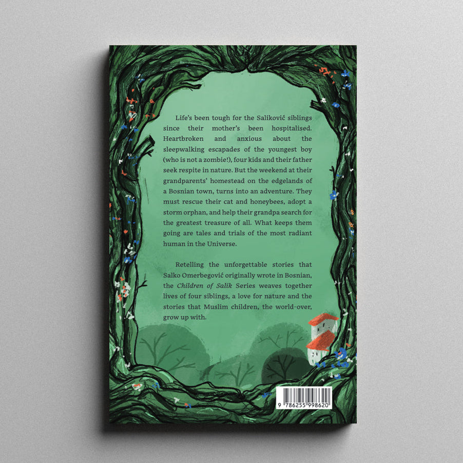 Book cover with green background and decorative elements on a gray background