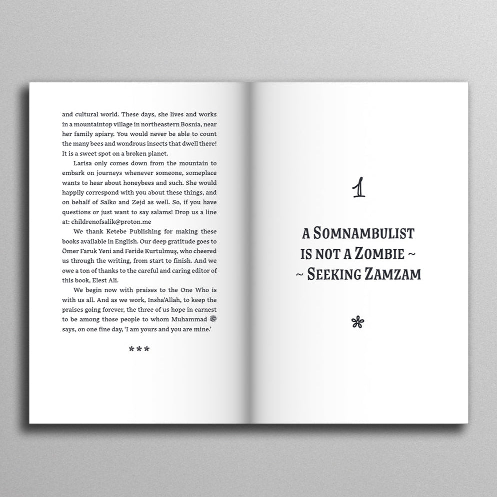 Open book with text on a gray background
