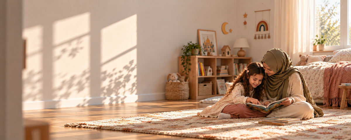 A muslim woman in a green headscarf and beige outfit sits on a woven rug with a young girl reading a book in a warmly lit, cozy child-friendly room.