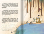 Open book with illustrated page and text on a beige background