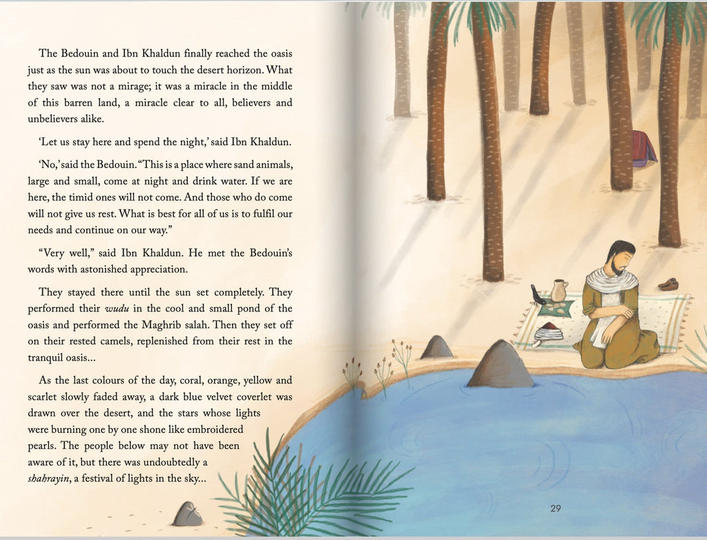 Open book with illustrated page and text on a beige background