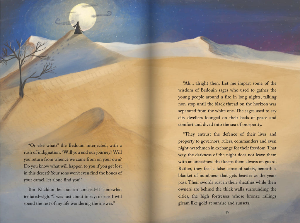 Open book with desert landscape illustration and text on a gray background
