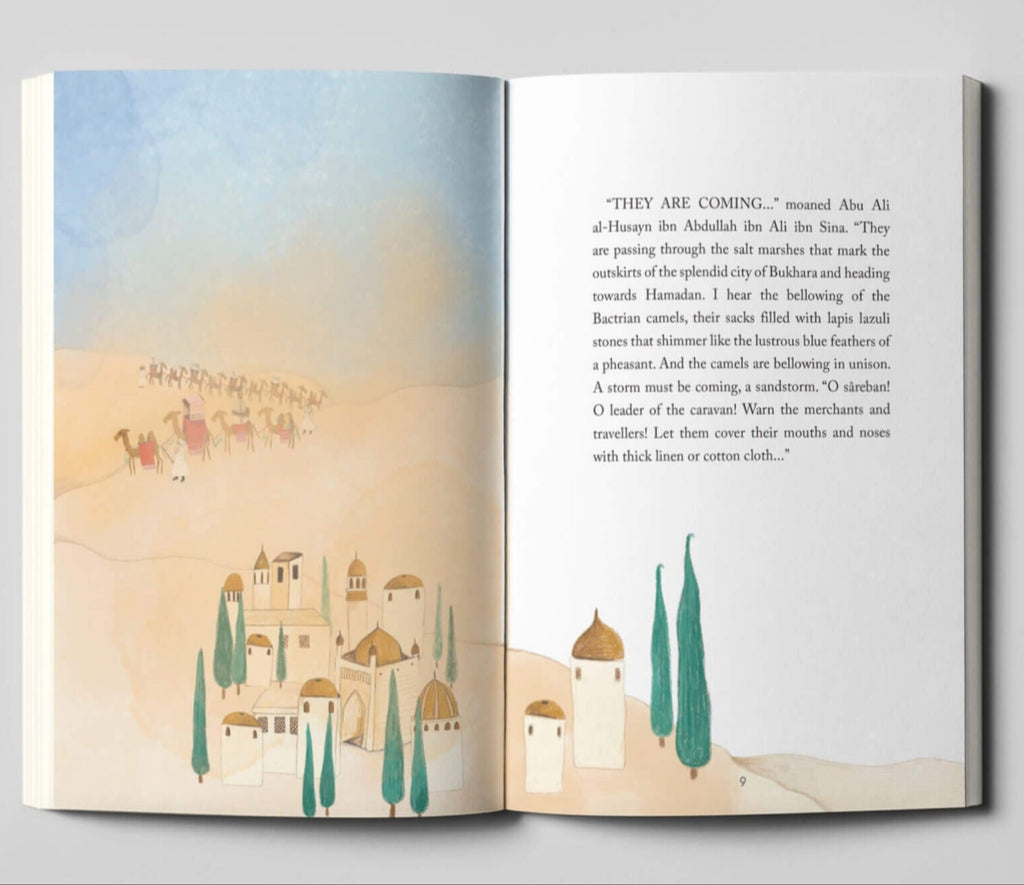 Open book with illustrated pages on a gray background