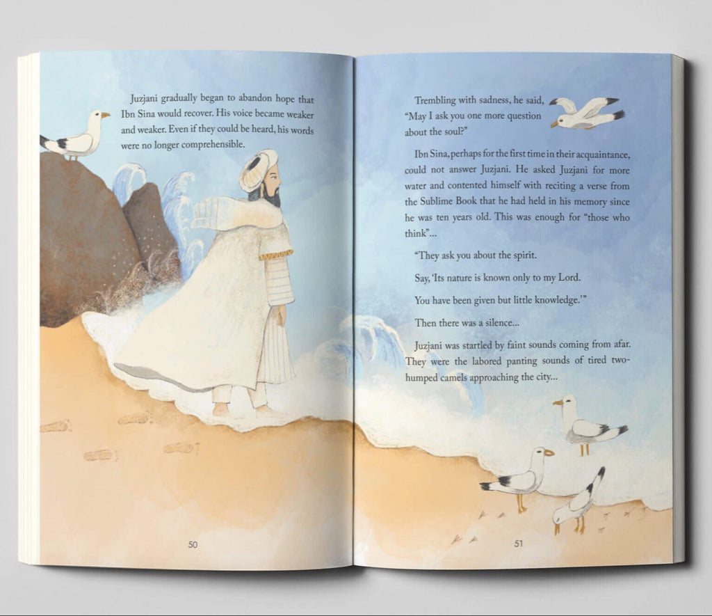 Open book with illustrations of a bride and groom on a beach