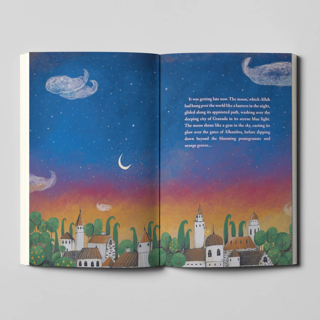 Open book with colorful illustrations of a night sky, moon, and town.
