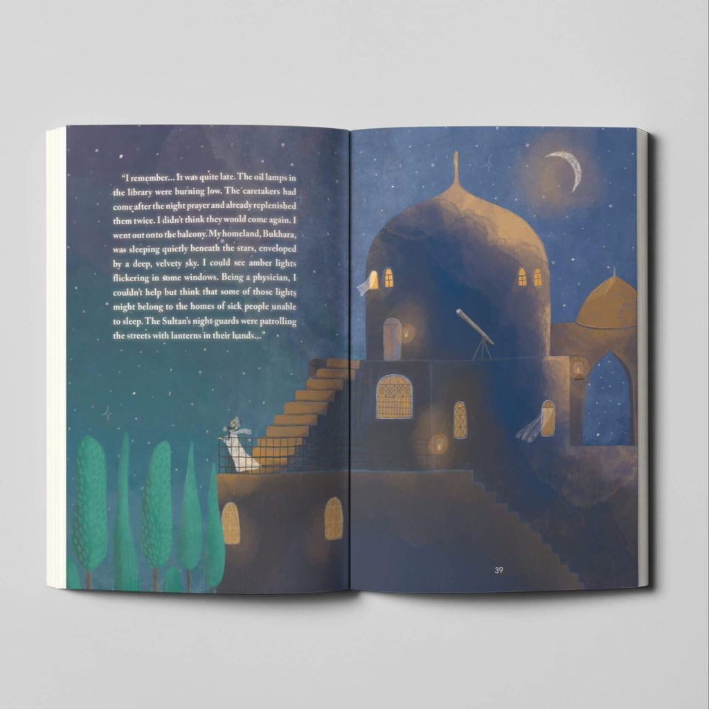 Open book with illustrated pages featuring a night scene with domed buildings.