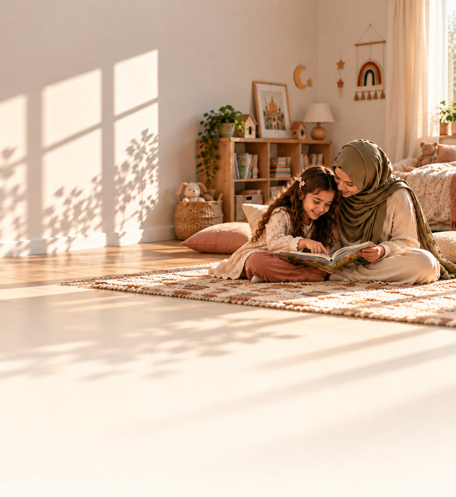 A muslim woman in a green headscarf and beige outfit sits on a woven rug with a young girl reading a book in a warmly lit, cozy child-friendly room.