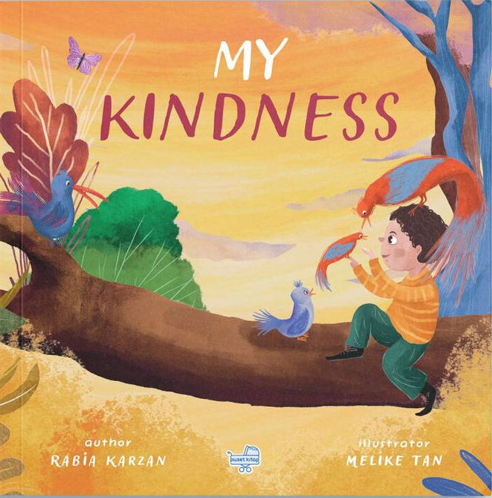 Book cover of 'My Kindness' with a child and bird in a forest setting on a light blue background
