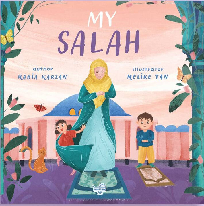 Book cover of 'My Salah' with illustrations of a woman and children on a purple background