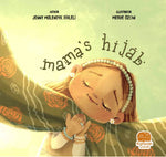 Book cover of 'mama's hijab' with a girl wearing a hijab and jewelry.