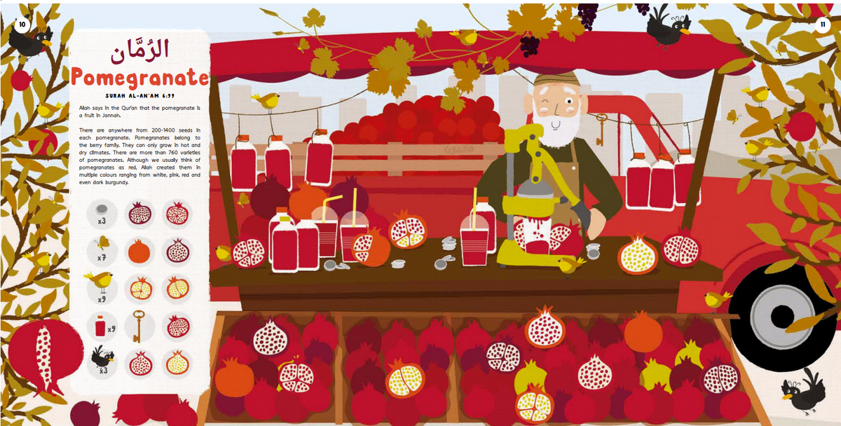 A page from Plants in the Quran. Featuring facts and illustrations about the pomegranate