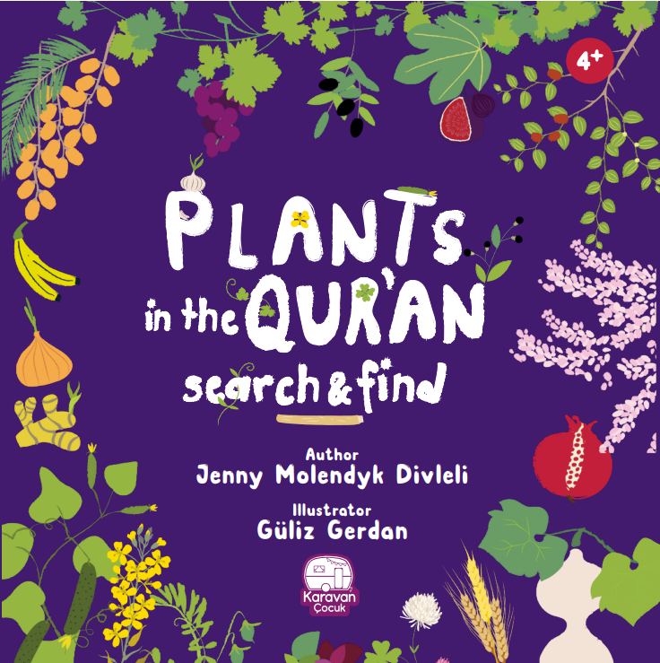 Plants in the Quran cover. Purple background surrounded by illustrations of 20 plants mentioned in the Quran